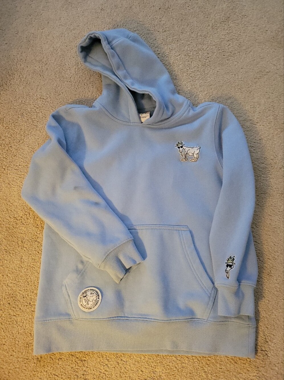 Goat Light Blue Graphic Hoodie with Small Embroidered Motifs